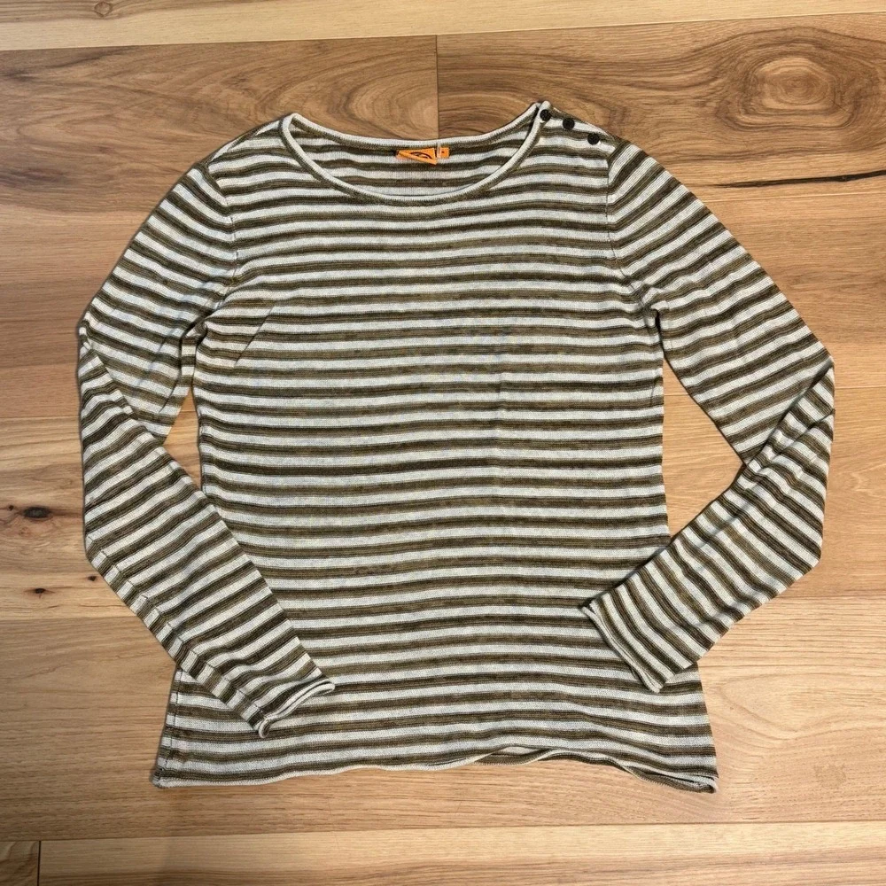 Tory Burch Striped Cotton Blend Sweater Womens Medium Brown Shoulder Button Top